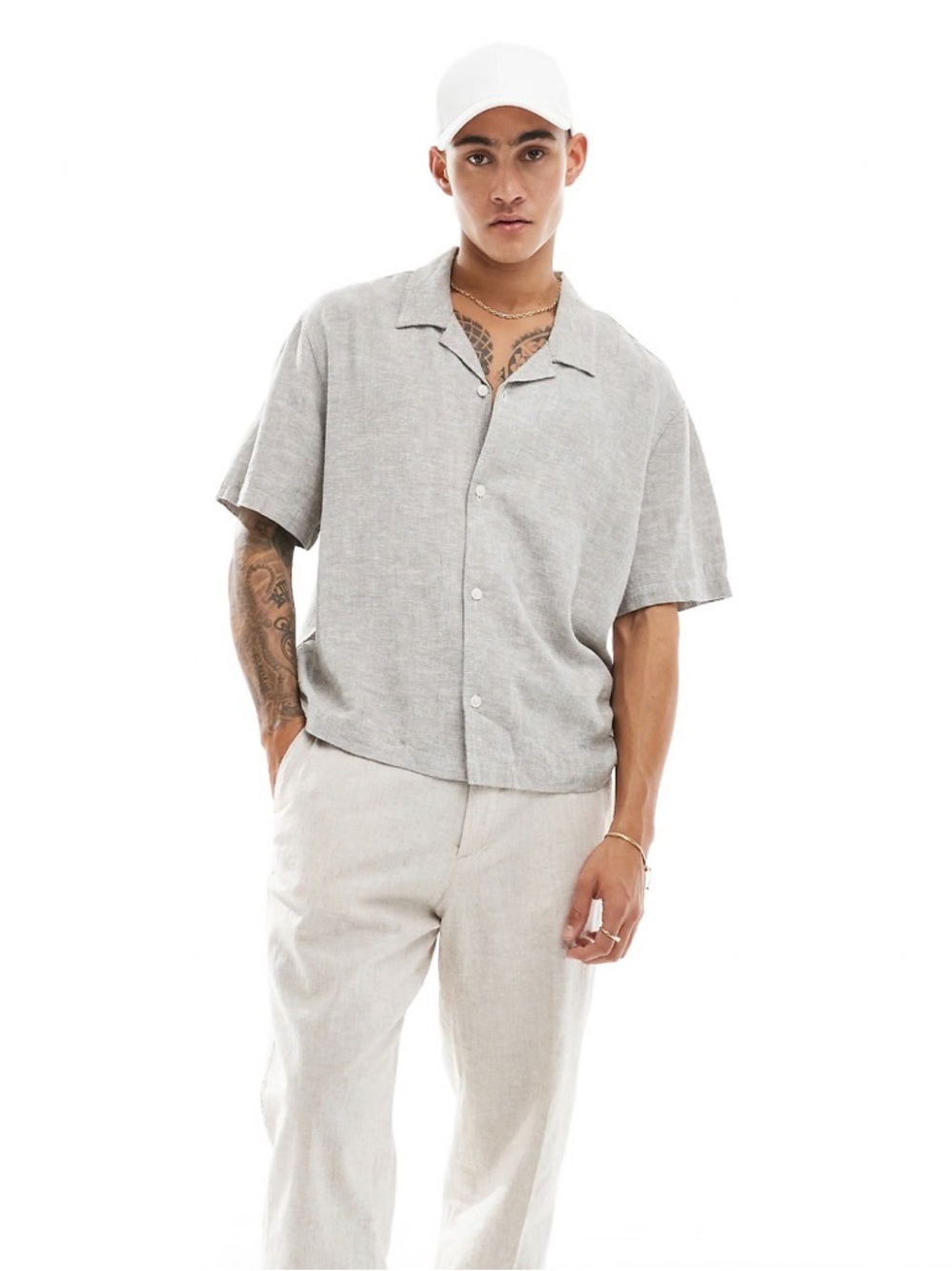 Weekday NEW Charlie linen boxy fit short sleeve shirt in light mole Medium